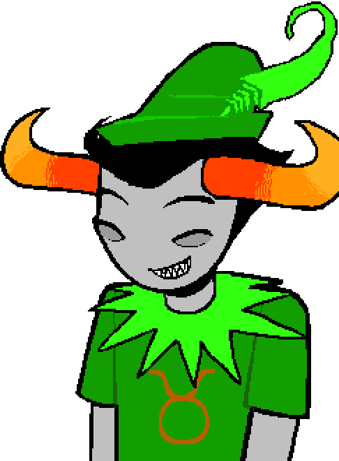 Tavros, in his Pupa Pan costume, smiling with his eyes closed, and shimmying his shoulders.