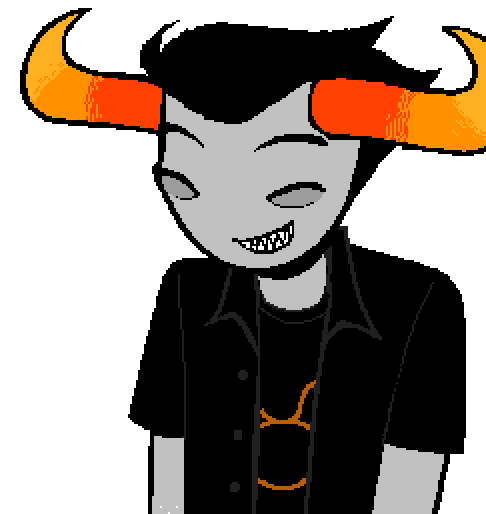 Tavros smiling with his eyes closed, and shimmying his shoulders.