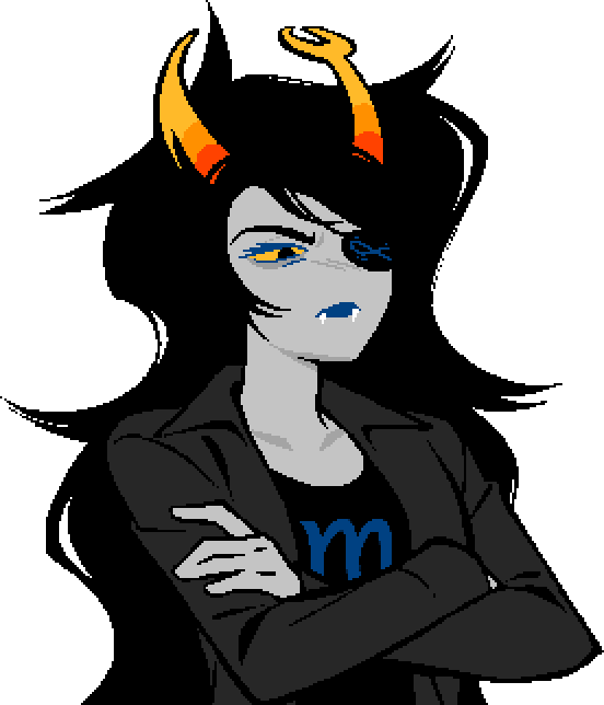 Adult Vriska, arms folded, tipping her head back stoically.