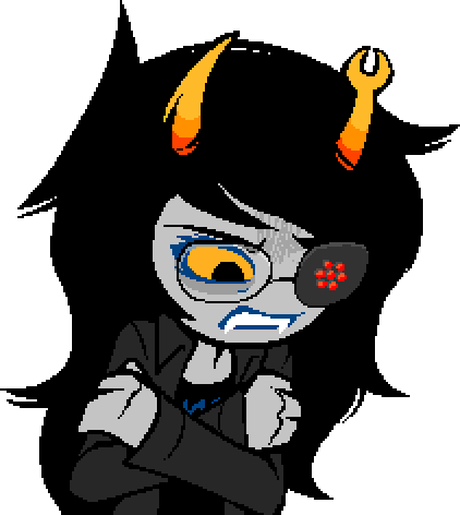 Vriska, now visibly smaller and younger, with her robotic spider eyepatch, hunched over and gripping her shoulders.