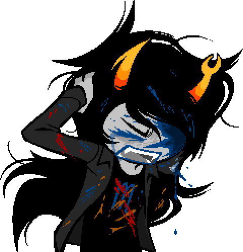 Vriska splattered with rust-red blood, Aradia's