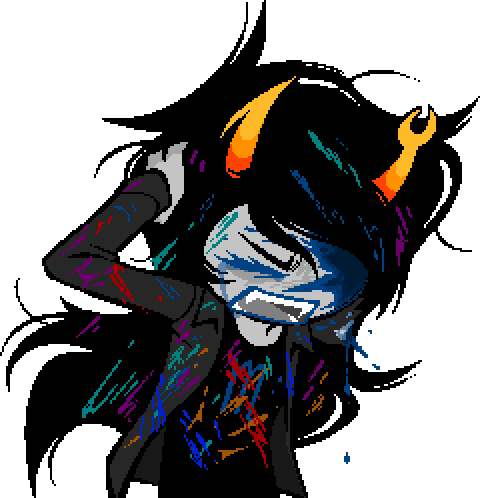 Vriska splattered with blue blood, Equius's