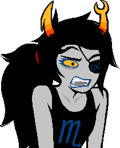 Vriska, shoulders hunched, mouth agape in shock and anger. Her eyebrow twitches.