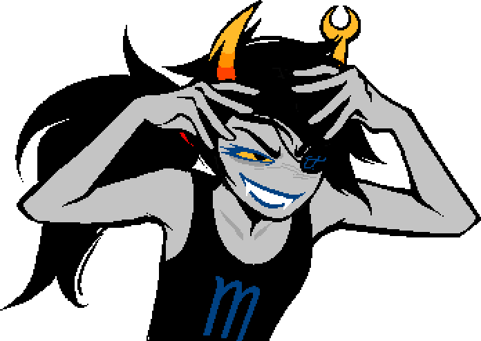 Vriska, grinning maniacally and holding her head.