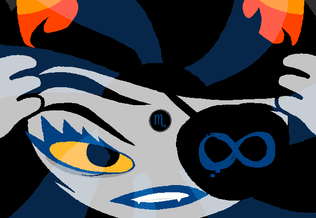 Vriska holds her head and engages mind control. Her symbol alternates with Tavros's on her forehead.