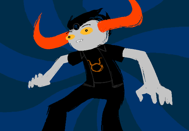 Tavros stands stunned, arms outstretched, as Vriska's symbol flashes on his forehead.