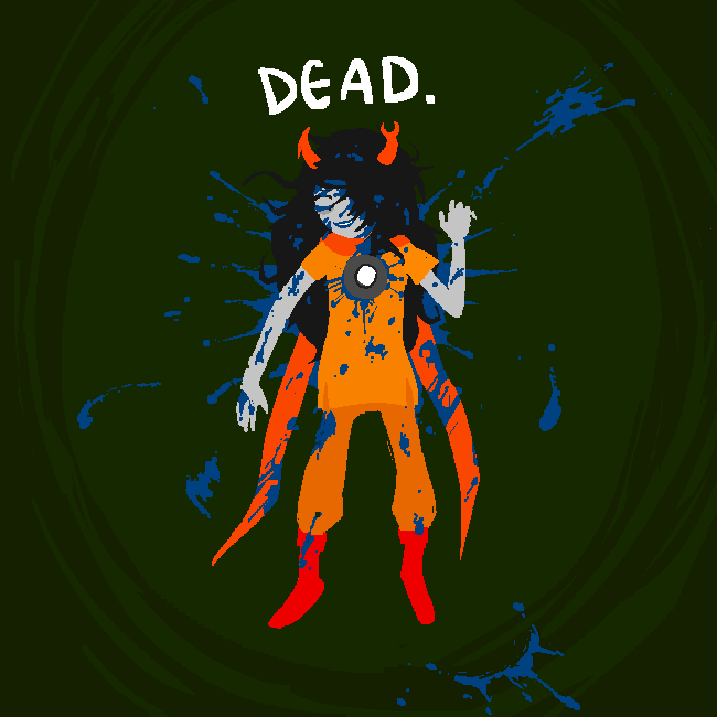 Vriska dead on the ground, blue blood splattered behind her. She is captioned "DEAD."