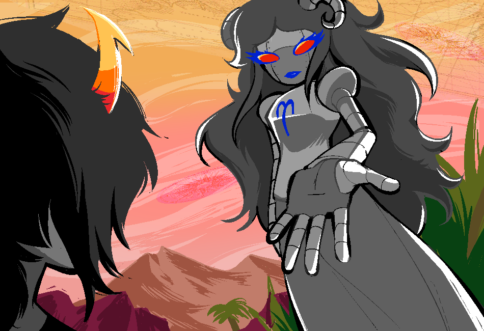 Aradiabot stands over Vriska with an arm outstretched.