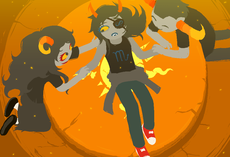 Vriska lying on her quest bed with a concerned expression. Aradia and Tavros hold her hand and smile.