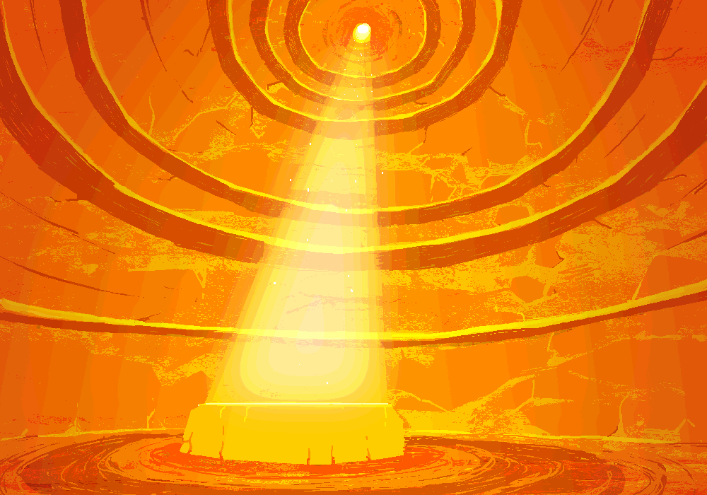 The interior of Vriska's quest cocoon. A pillar of light shines from the top and spotlights the quest bed in the center.