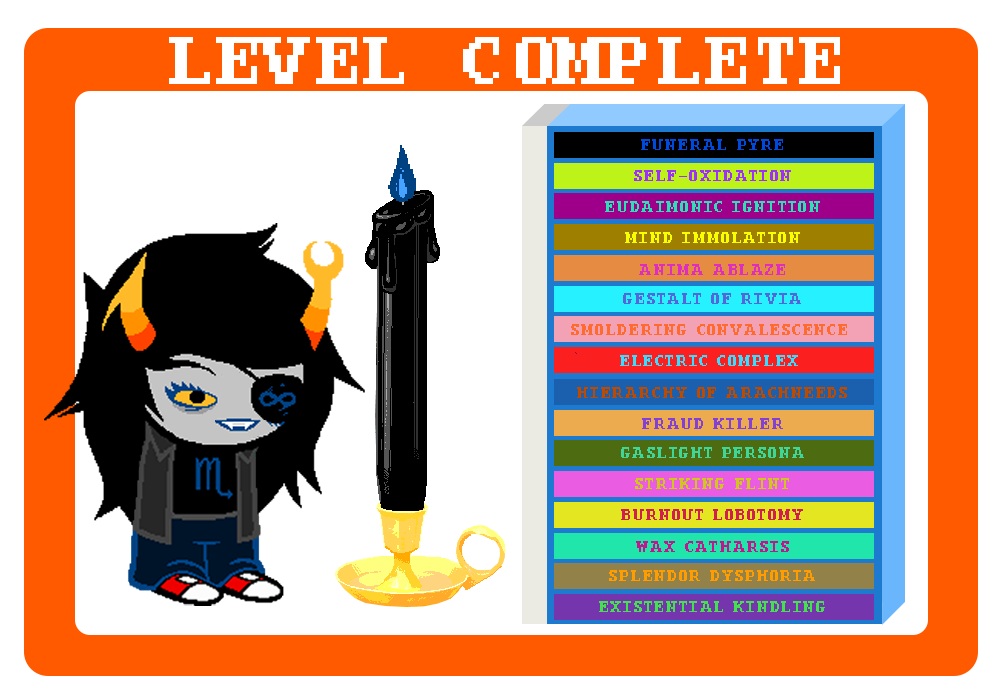 Level-up screen. Vriska attains the rank of "Funeral Pyre".