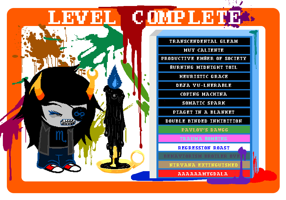 Level-up screen. The candle is half-melted. The background and tier list is splattered with rainbow blood. Vriska has achieved the rank PAVLOV'S DAWGG.