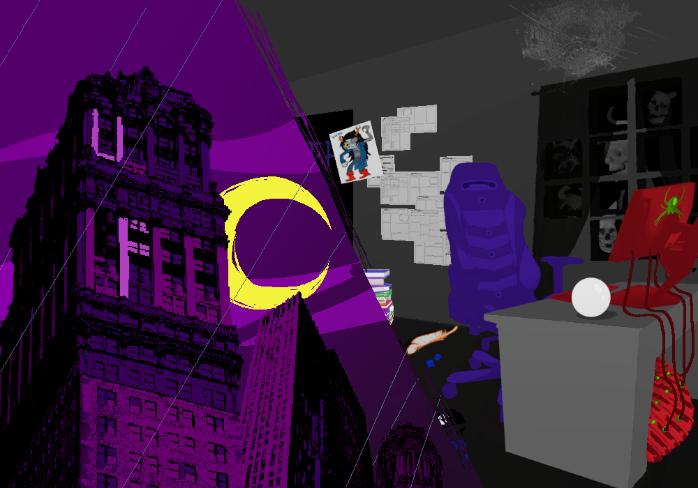 Background: The frame of Vriska's room is split halfway down the middle, showing Midnight City.