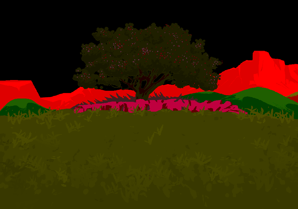 Background. A dream bubble. Green grass, red mountains, and a large green tree with red blossoms.