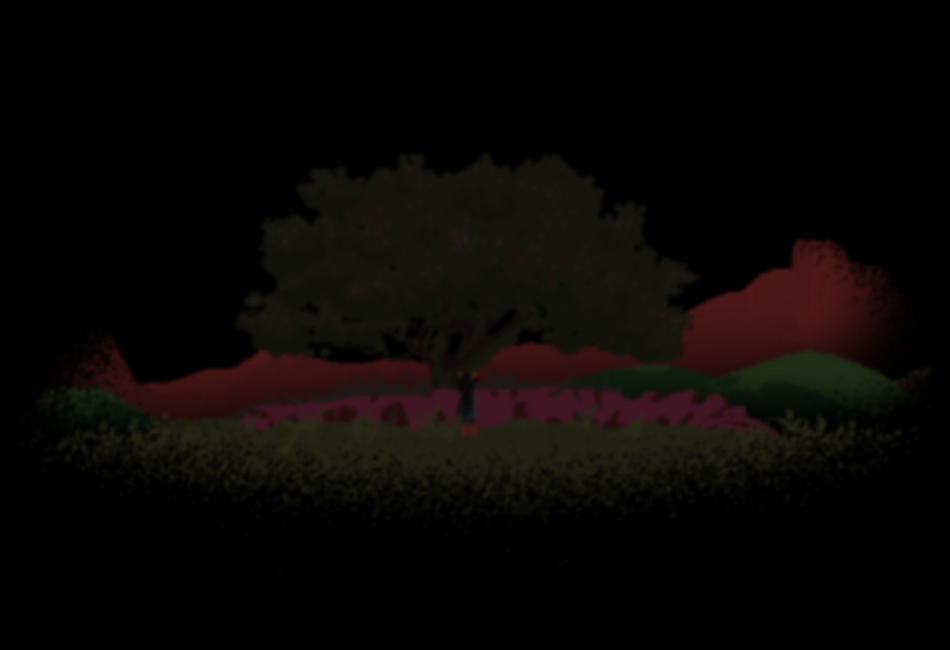 The scene gets closer and clearer. A tree in a field of green and red. At the center, stands a young troll girl, facing away.