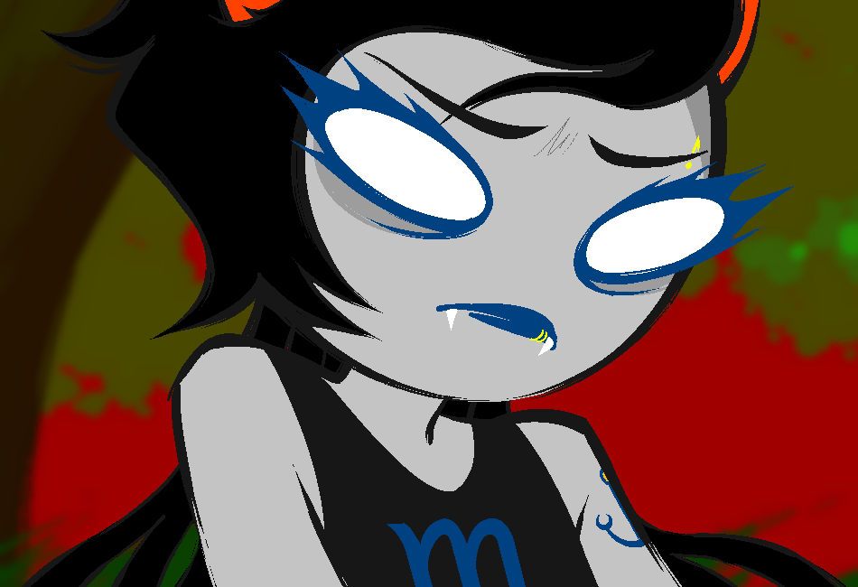 Closeup. She turns around, revealing a teenage Vriska with empty white eyes. It's (Vriska), the ghost of her younger self from the Game Over timeline.