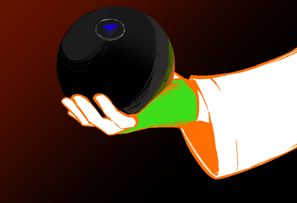 Closeup: Davepeta clutches the 8 ball and extends it toward Vriska.