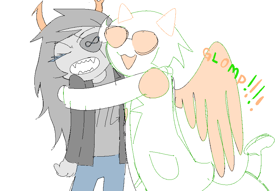 A simplistic MS Paint sketch of Davepeta hugging the reluctant Vriska. "Glomp!!!!"