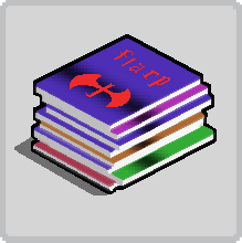 Chapter select button. A stack of manuals for the roleplaying game, Flarp.