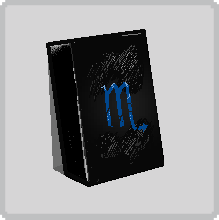 Chapter select button. Mindfang's journal. A black notebook with a blue Scorpio symbol on the front.